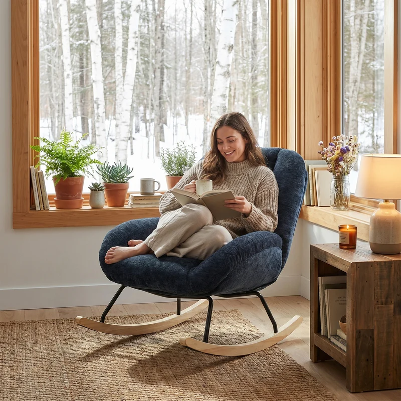 Fauteuil à bascule scandinave en tissu chenille avec accoudoirs pour salon ou chambre à coucher, bleu - LITHOPS