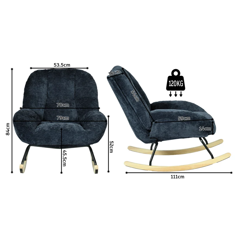 Fauteuil à bascule scandinave en tissu chenille avec accoudoirs pour salon ou chambre à coucher, bleu - LITHOPS