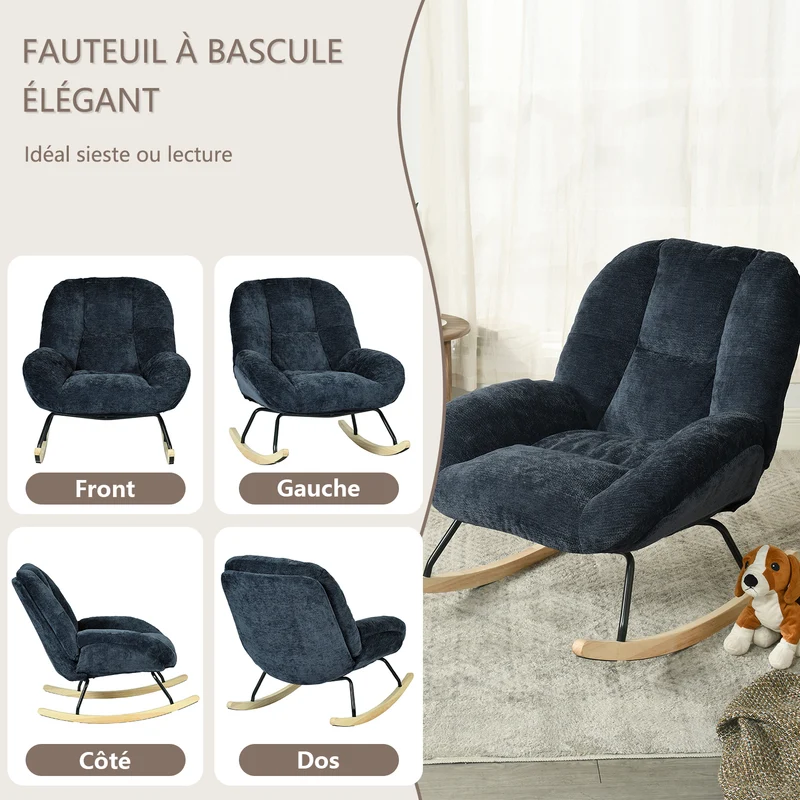 Fauteuil à bascule scandinave en tissu chenille avec accoudoirs pour salon ou chambre à coucher, bleu - LITHOPS