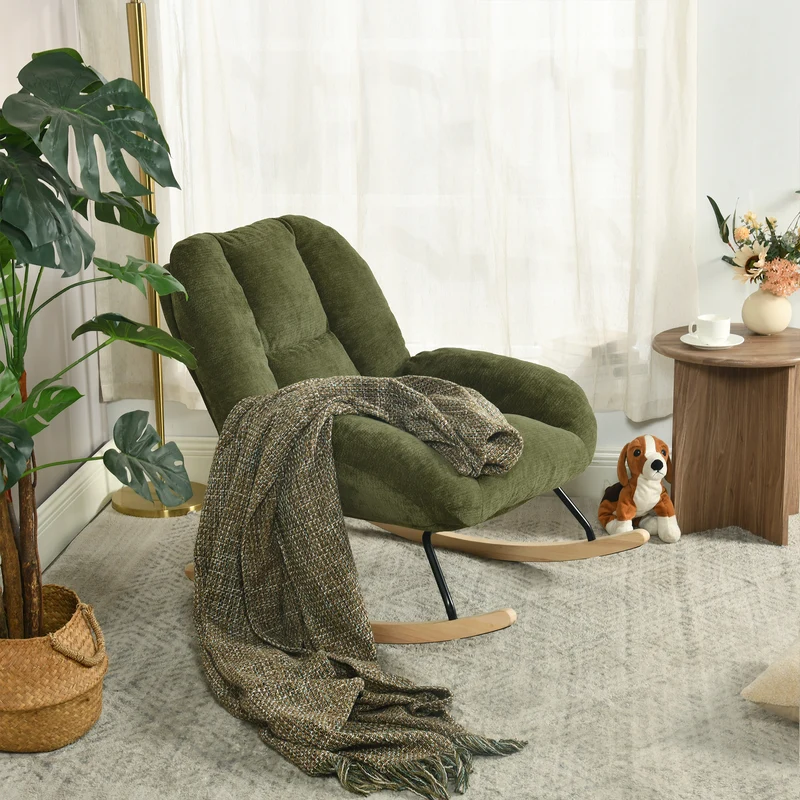 Fauteuil à bascule scandinave en tissu chenille avec accoudoirs pour salon ou chambre à coucher, vert - LITHOPS