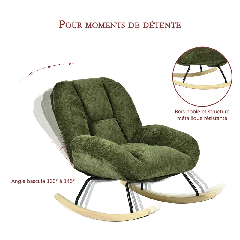 Fauteuil à bascule scandinave en tissu chenille avec accoudoirs pour salon ou chambre à coucher, vert - LITHOPS