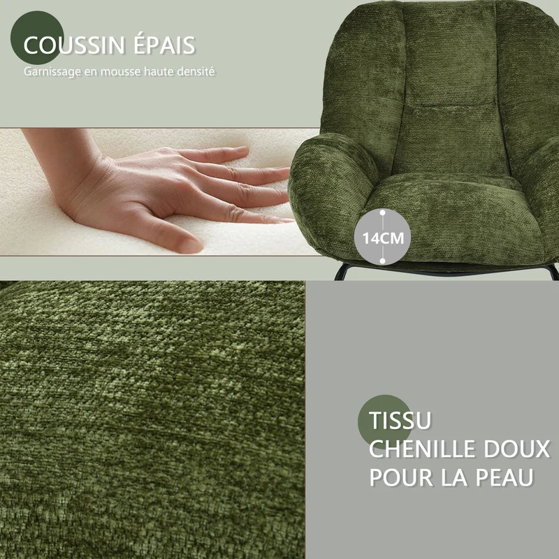 Fauteuil à bascule scandinave en tissu chenille avec accoudoirs pour salon ou chambre à coucher, vert - LITHOPS