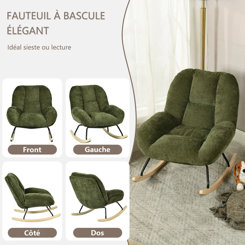 Fauteuil à bascule scandinave en tissu chenille avec accoudoirs pour salon ou chambre à coucher, vert - LITHOPS