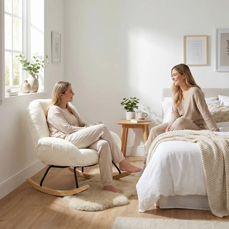 Fauteuil à bascule scandinave en tissu chenille avec accoudoirs pour salon ou chambre à coucher, beige - LITHOPS