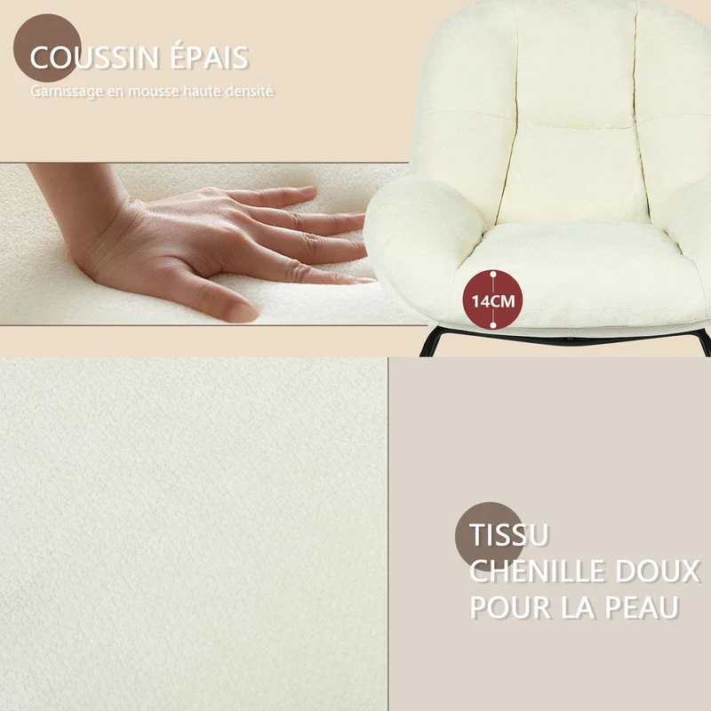 Fauteuil à bascule scandinave en tissu chenille avec accoudoirs pour salon ou chambre à coucher, beige - LITHOPS