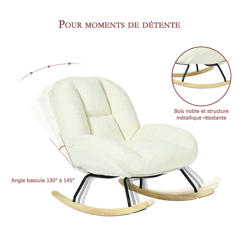 Fauteuil à bascule scandinave en tissu chenille avec accoudoirs pour salon ou chambre à coucher, beige - LITHOPS