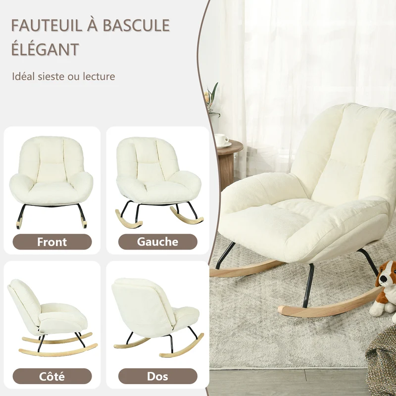 Fauteuil à bascule scandinave en tissu chenille avec accoudoirs pour salon ou chambre à coucher, beige - LITHOPS