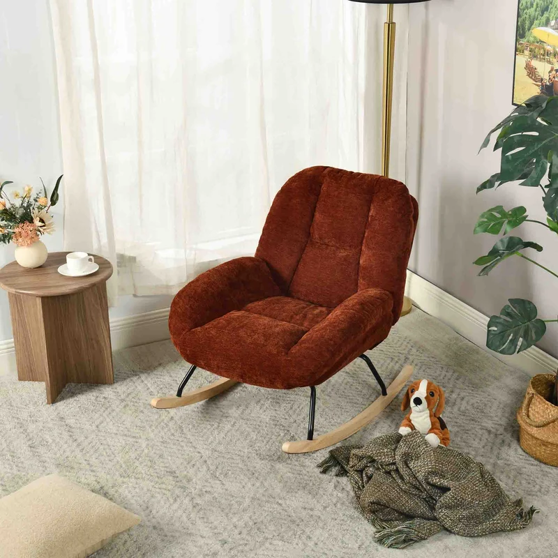 Lot de 2 fauteuil à bascule scandinave en tissu chenille avec accoudoirs pour salon ou chambre à coucher, rouge - LITHOPS