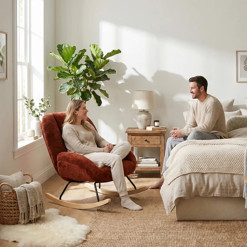 Lot de 2 fauteuil à bascule scandinave en tissu chenille avec accoudoirs pour salon ou chambre à coucher, rouge - LITHOPS