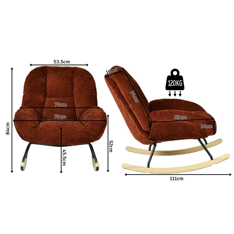 Lot de 2 fauteuil à bascule scandinave en tissu chenille avec accoudoirs pour salon ou chambre à coucher, rouge - LITHOPS