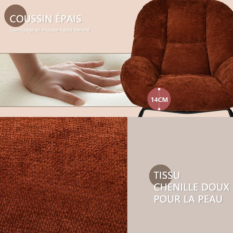 Lot de 2 fauteuil à bascule scandinave en tissu chenille avec accoudoirs pour salon ou chambre à coucher, rouge - LITHOPS