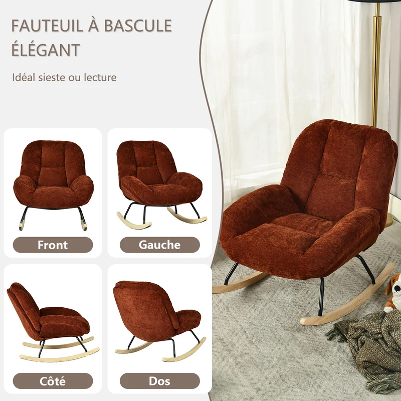 Lot de 2 fauteuil à bascule scandinave en tissu chenille avec accoudoirs pour salon ou chambre à coucher, rouge - LITHOPS