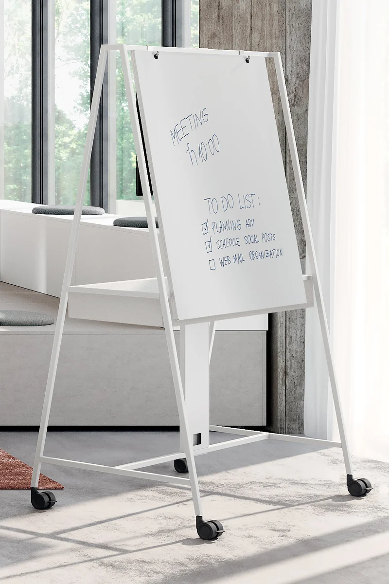 Tableau mobile professionnel Agile blanc avec rangements intégrés