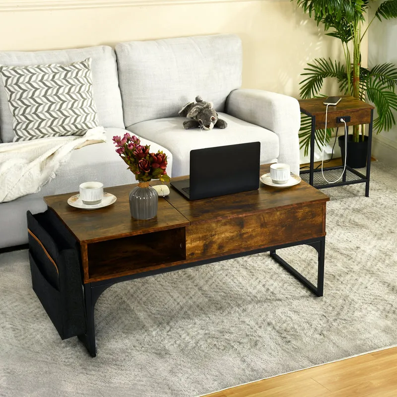 Table d'appoint/Bout de canapé design industriel en bois marron vintage et métal noir avec double plateau et ports USB intégrés - OAKHAM
