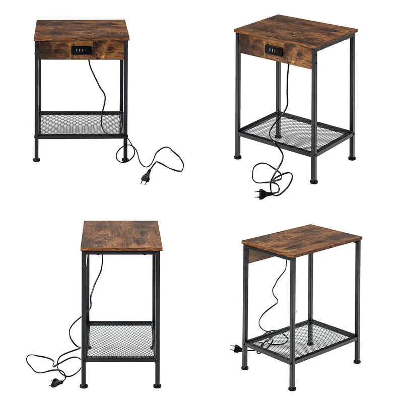 Table d'appoint/Bout de canapé design industriel en bois marron vintage et métal noir avec double plateau et ports USB intégrés - OAKHAM