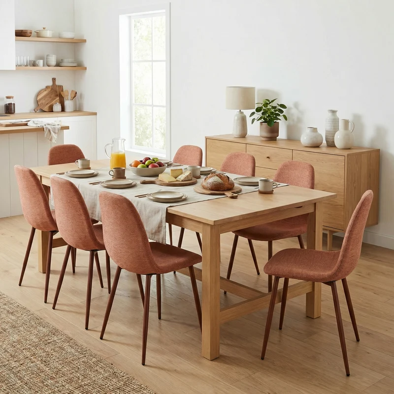 Lot de 8 chaises de salle à manger en tissu rouge doux, chaises de détente avec dossier et pieds métalliques assortis scandinave - CHARLTON