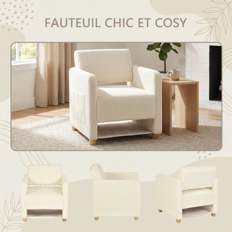 Lot de 2 fauteuil de détente 1 place canapé pour salon, fauteuil avec emballage en velours côtelé vert&beige - KARIA