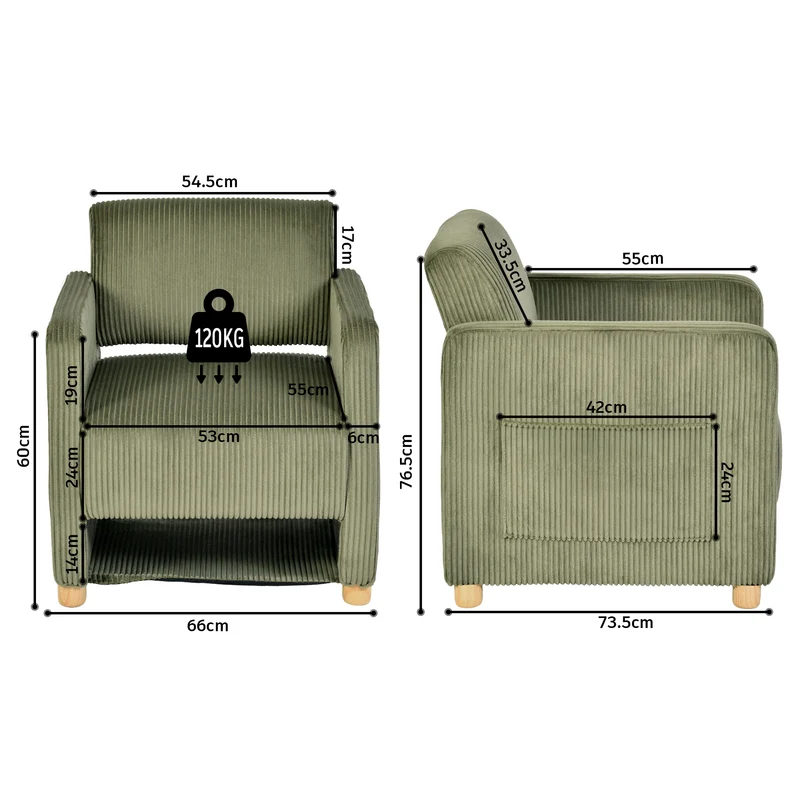 Lot de 2 fauteuil de détente 1 place canapé pour salon, fauteuil avec emballage en velours côtelé vert - KARIA