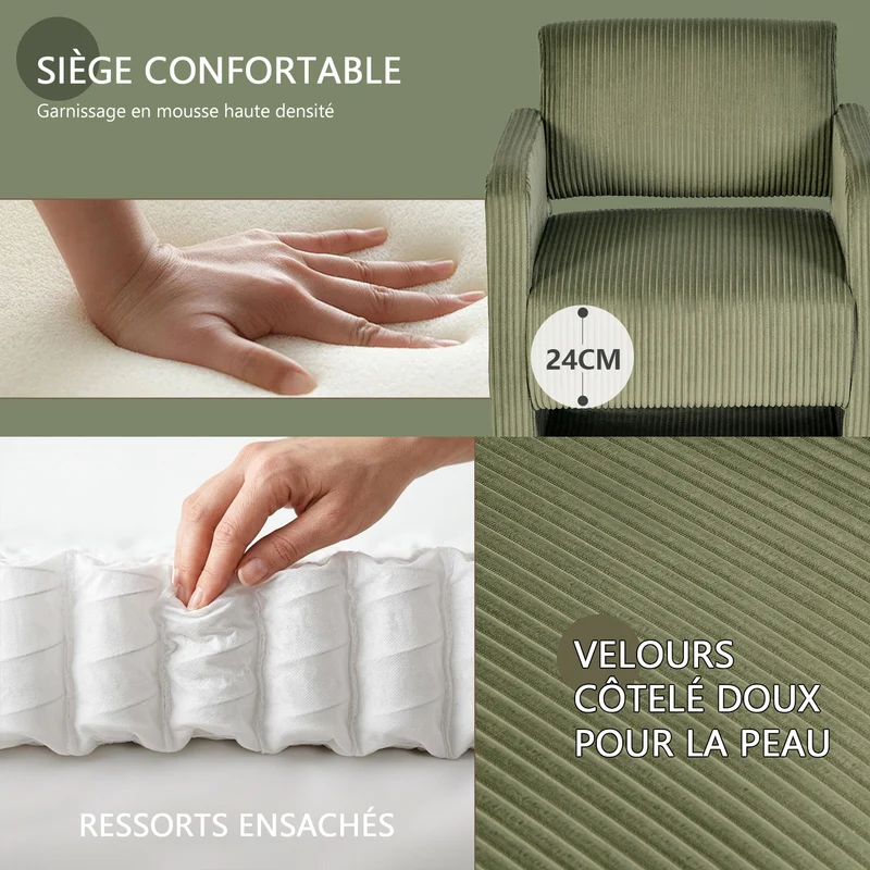 Lot de 2 fauteuil de détente 1 place canapé pour salon, fauteuil avec emballage en velours côtelé vert - KARIA