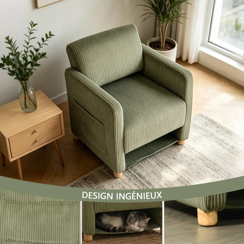 Lot de 2 fauteuil de détente 1 place canapé pour salon, fauteuil avec emballage en velours côtelé vert - KARIA