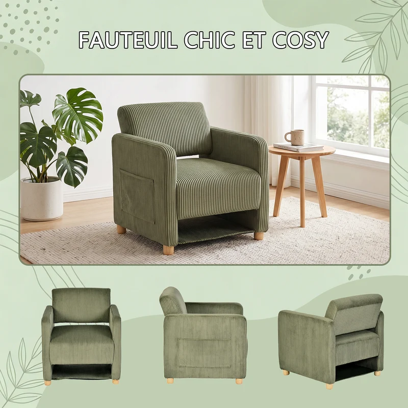 Lot de 2 fauteuil de détente 1 place canapé pour salon, fauteuil avec emballage en velours côtelé vert - KARIA