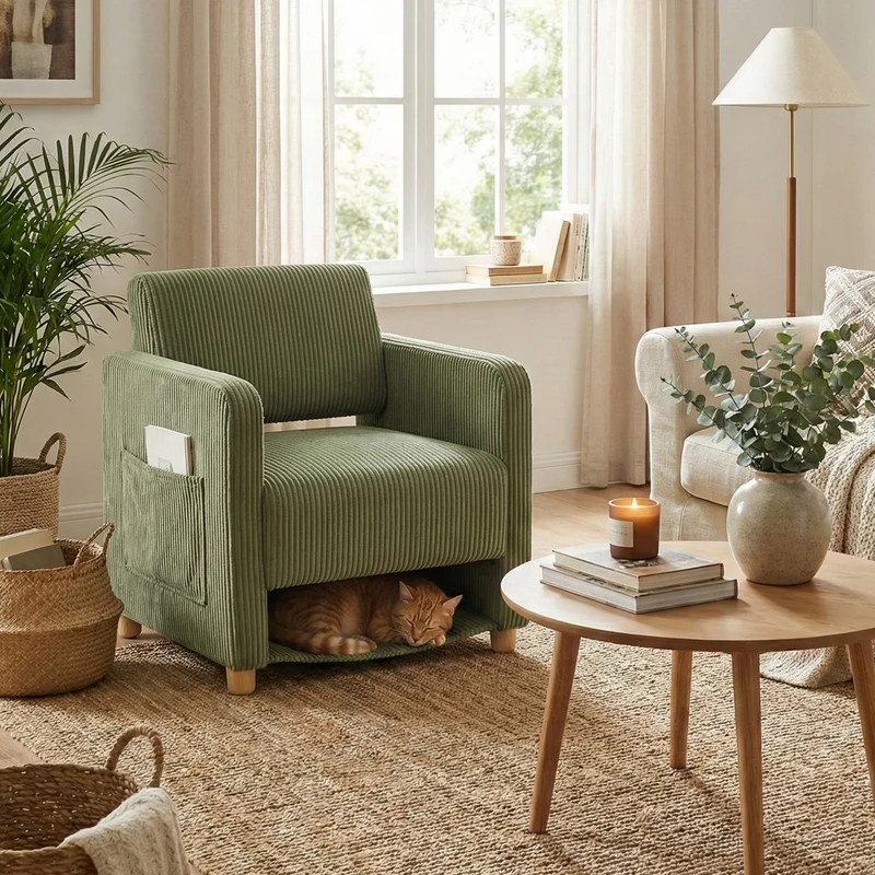 Fauteuil de détente 1 place canapé pour salon, fauteuil avec emballage en velours côtelé vert - KARIA