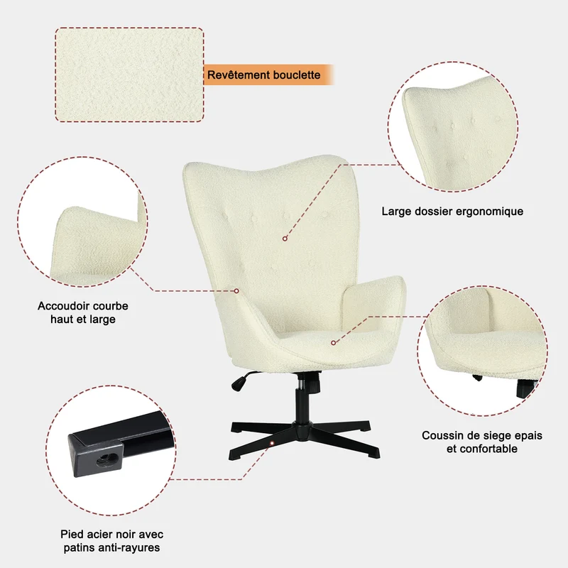 Fauteuil de bureau pivotant et réglable avec accoudoirs, fauteuil de salon inclinable en tissu chenille beige - FUCHS