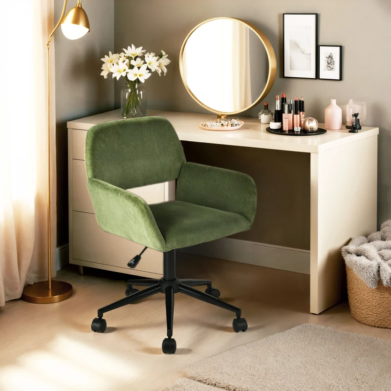 Fauteuil de bureau en velours côtelé vert olive, réglable en hauteur, rotation à 360° - ROSS