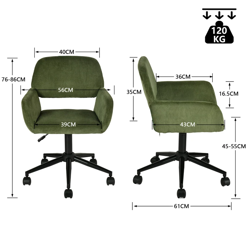 Fauteuil de bureau en velours côtelé vert olive, réglable en hauteur, rotation à 360° - ROSS
