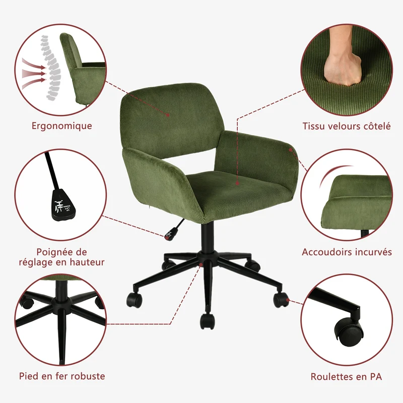 Ensemble bureau pliable et fauteuil de bureau en velours côtelé vert olive - ASCOLI & ROSS