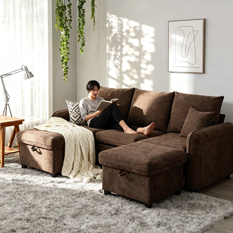 Canapé d'angle 3 places marron en forme de U avec rangement, canapé modulaire multifonction en chenille