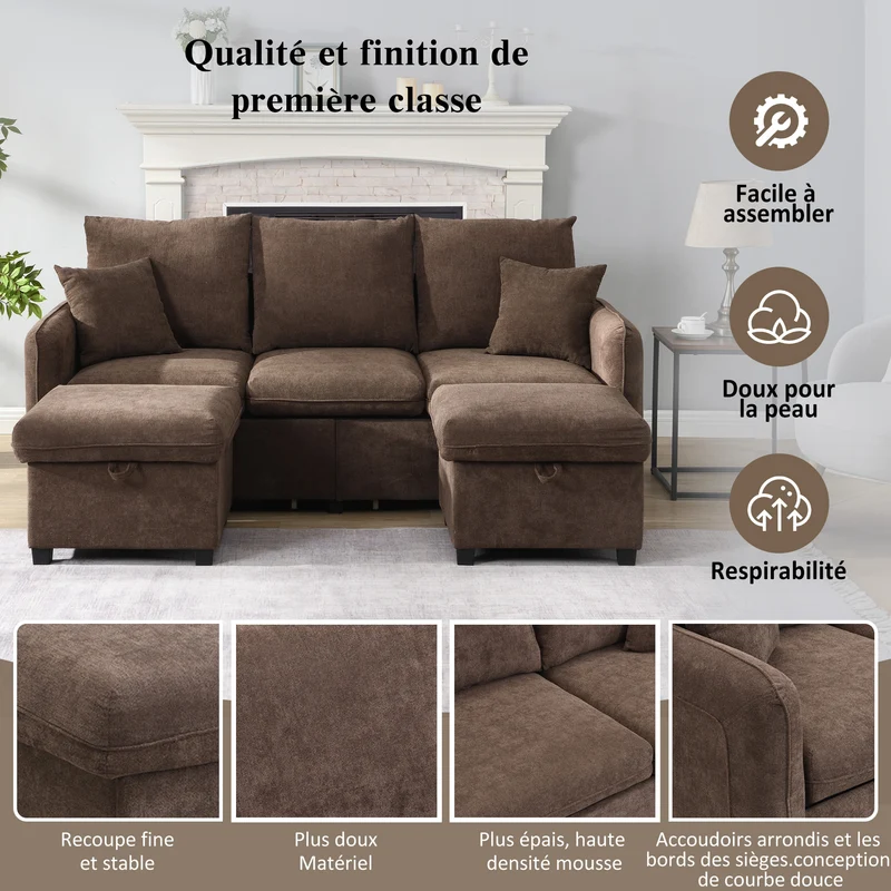 Canapé d'angle 3 places marron en forme de U avec rangement, canapé modulaire multifonction en chenille