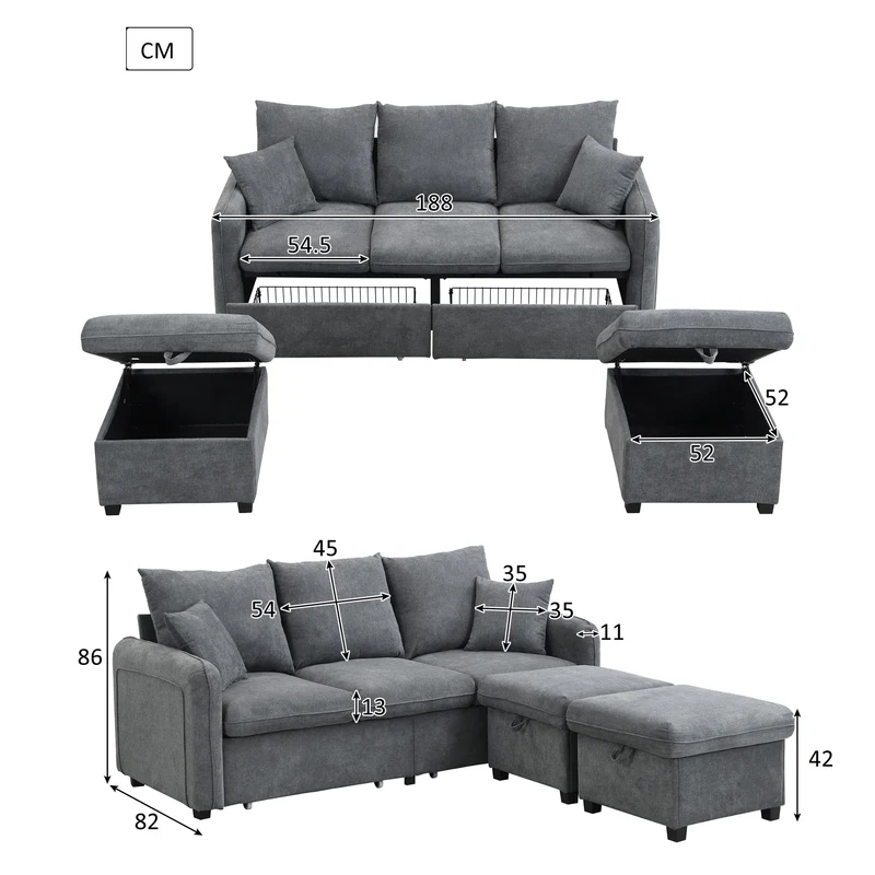 Canapé d'angle 3 places gris en forme de U avec rangement, canapé modulaire multifonction en chenille