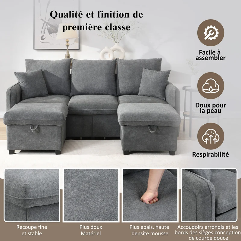 Canapé d'angle 3 places gris en forme de U avec rangement, canapé modulaire multifonction en chenille