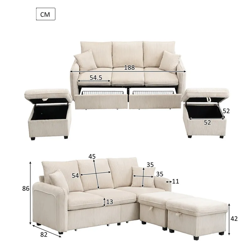 Canapé d'angle beige en forme de U 3 places avec rangement, canapé modulaire multifonction en velours côtelé