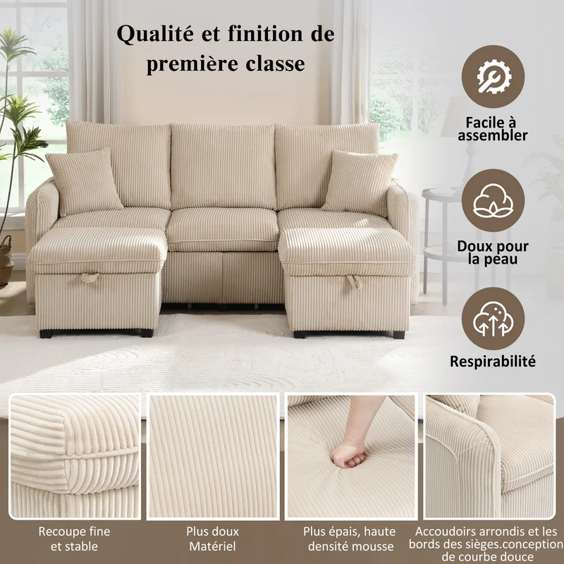 Canapé d'angle beige en forme de U 3 places avec rangement, canapé modulaire multifonction en velours côtelé
