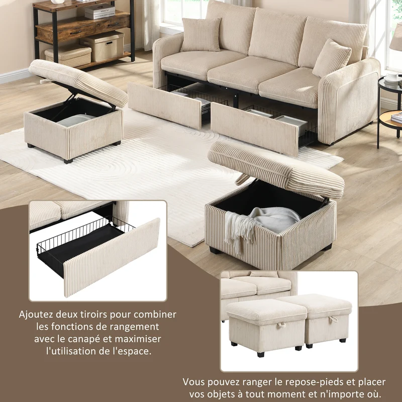 Canapé d'angle beige en forme de U 3 places avec rangement, canapé modulaire multifonction en velours côtelé