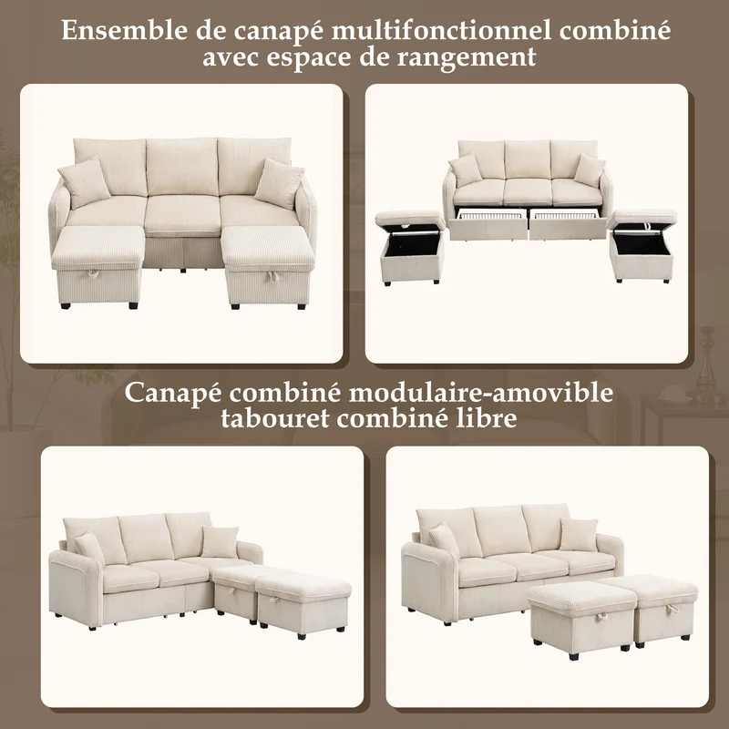 Canapé d'angle beige en forme de U 3 places avec rangement, canapé modulaire multifonction en velours côtelé