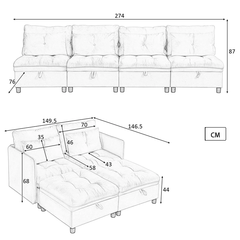 Ensemble de canapés modulables et séparables 4 places avec rangement, revêtu de chenille, gris