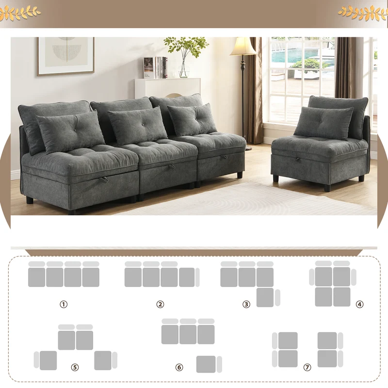 Ensemble de canapés modulables et séparables 4 places avec rangement, revêtu de chenille, gris