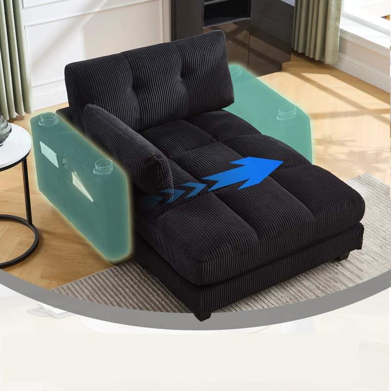 Canapé lounge moderne en velours côtelé avec porte-gobelets et poche latérale, noir