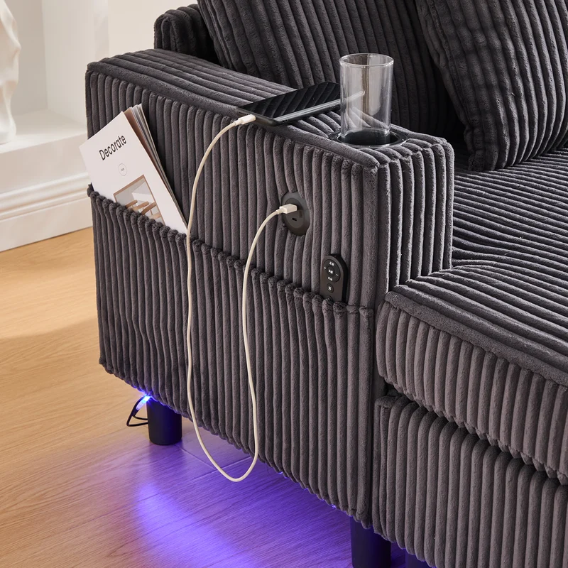 Canapé lounge en velours côtelé souple avec ports USB et éclairage d'ambiance LED, gris