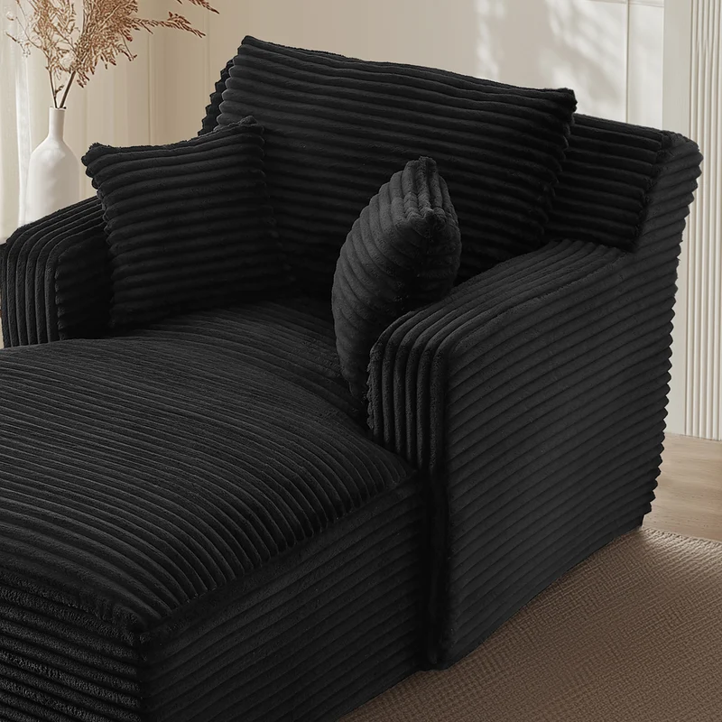 Canapé lounge moderne en velours côtelé avec porte-gobelets et poche latérale, noir