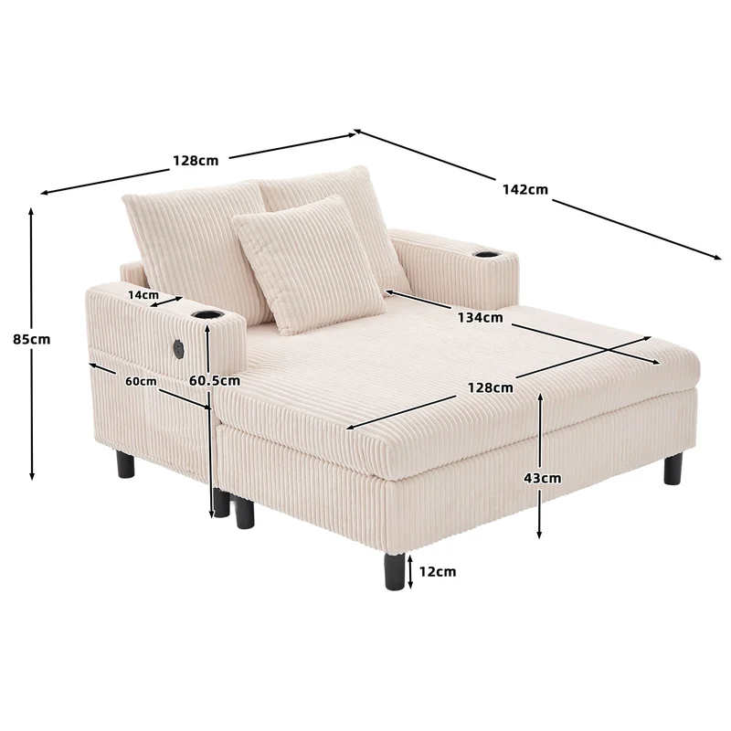 Canapé lounge en velours côtelé souple avec ports USB et éclairage d'ambiance LED, beige