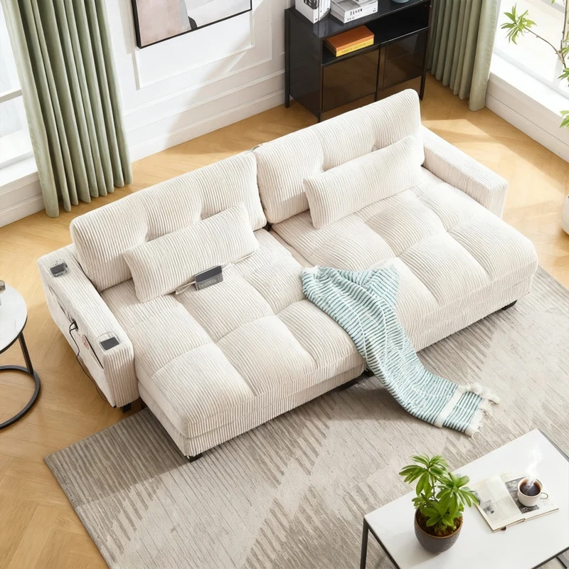 Canapé lounge moderne en velours côtelé avec porte-gobelets et poche latérale, beige