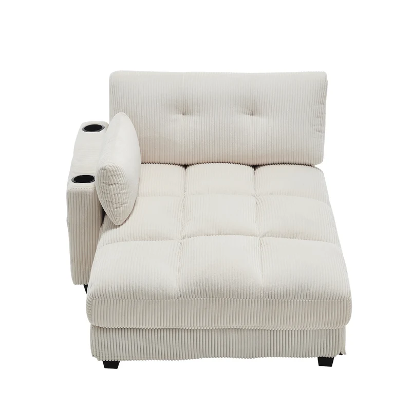 Canapé lounge moderne en velours côtelé avec porte-gobelets et poche latérale, beige