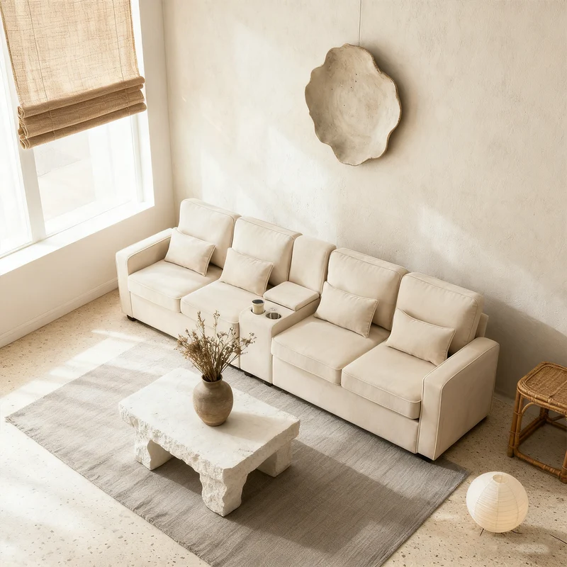Canapé 4 places avec console et coussins en lin moderne, beige