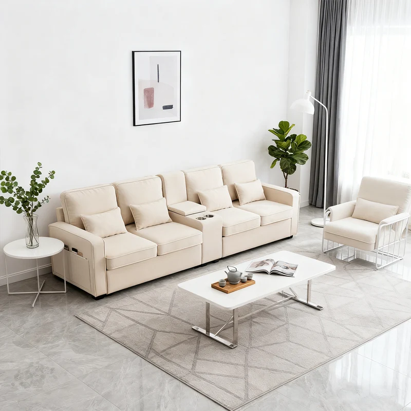 Canapé 4 places avec console et coussins en lin moderne, beige