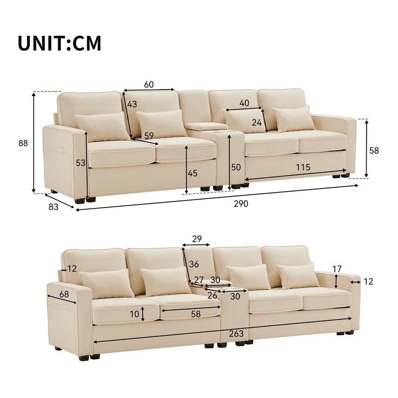 Canapé 4 places avec console et coussins en lin moderne, beige