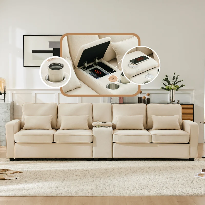 Canapé 4 places avec console et coussins en lin moderne, beige